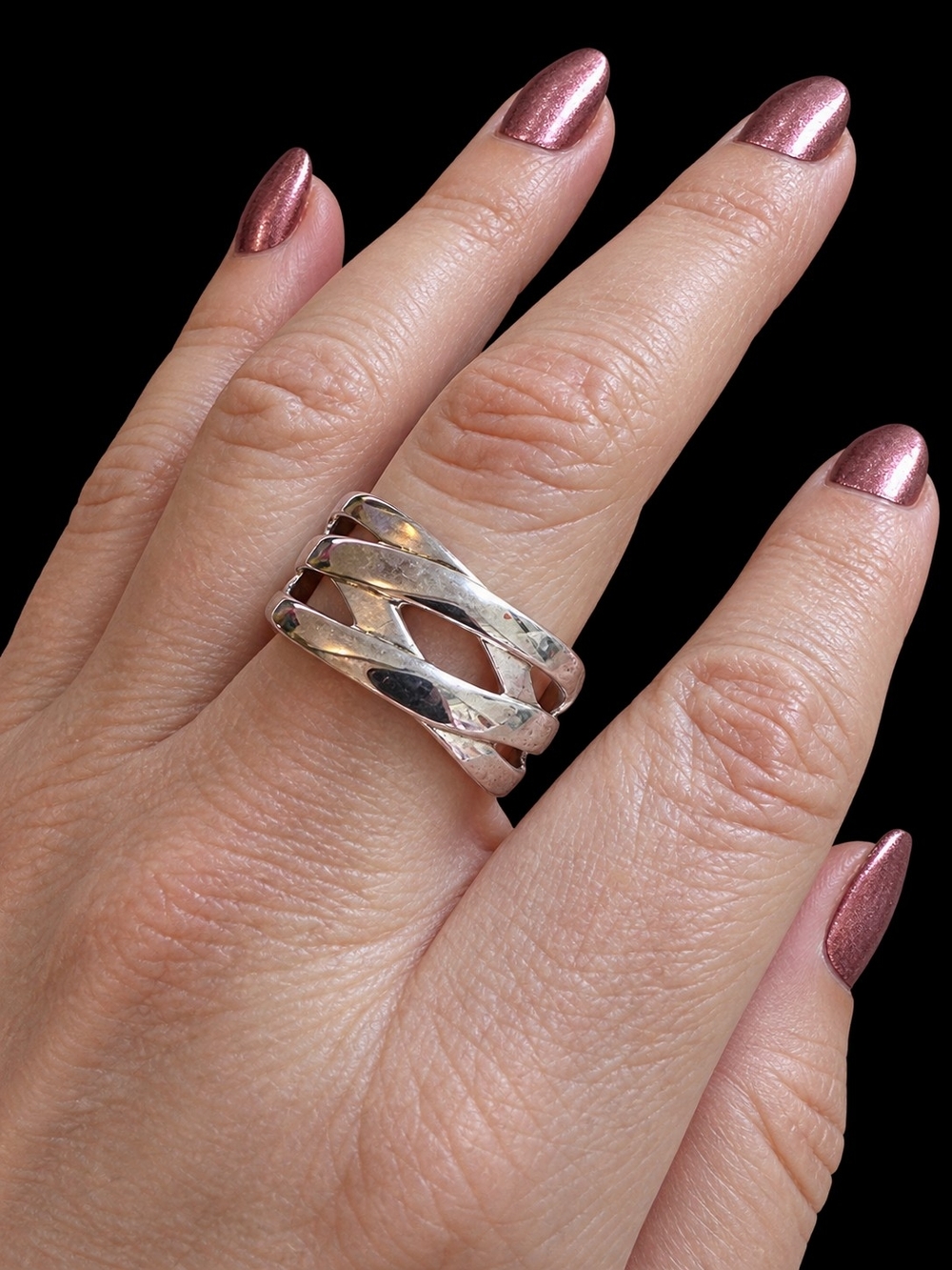 Source Unknown Silver Multi-Band Braided Ring